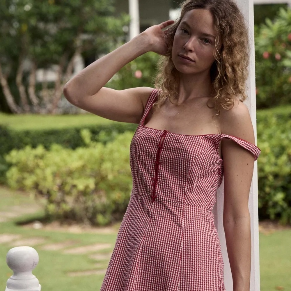 Doen Delaney Cotton Bow A Line Midi Maxi Dress Red Rouje La Maddalena Gingham - Picture 4 of 15